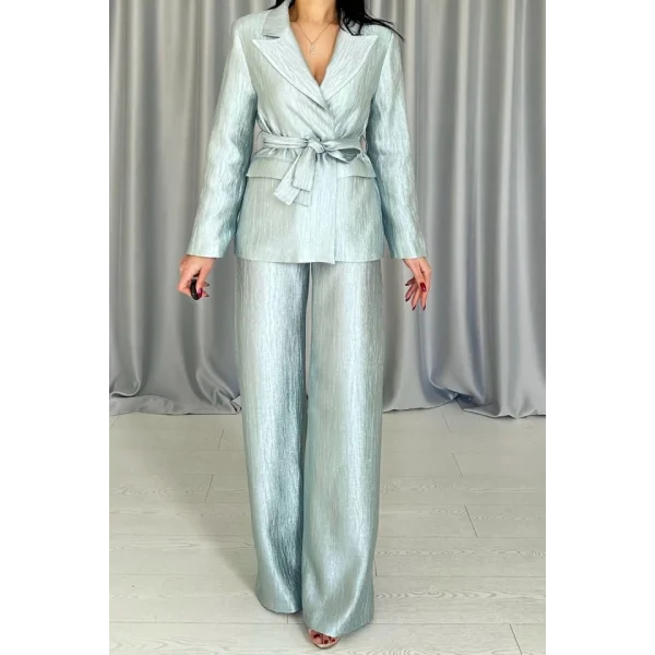 Mint Beli Kuşaklı Ceket Ve Pantolon Parlak Takım