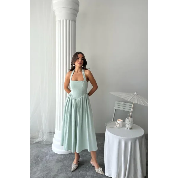 Mint Boyundan Bağlamalı Keten Elbise