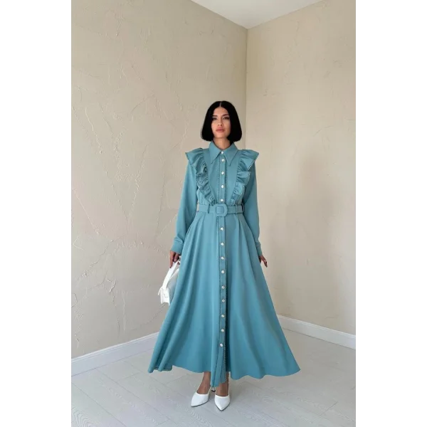 Mint Fırfırlı Dantelli Elbise