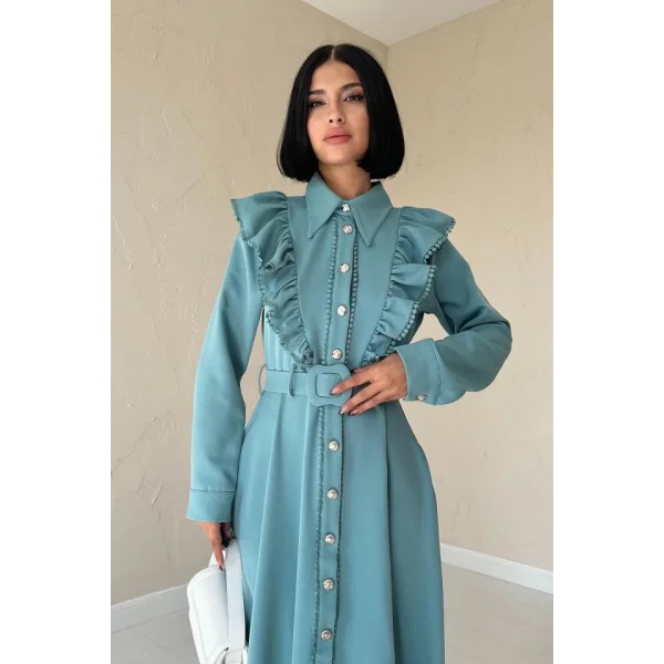 Mint Fırfırlı Dantelli Elbise