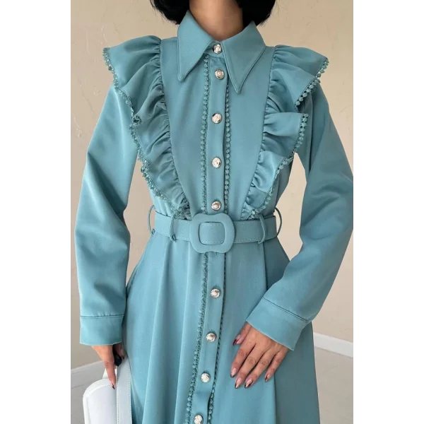 Mint Fırfırlı Dantelli Elbise