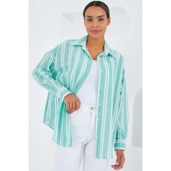 Mint Yeşili Beyaz Çizgili Oversize Keten Gömlek 20251