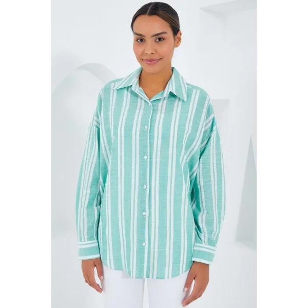 Mint Yeşili Beyaz Çizgili Oversize Keten Gömlek 20251