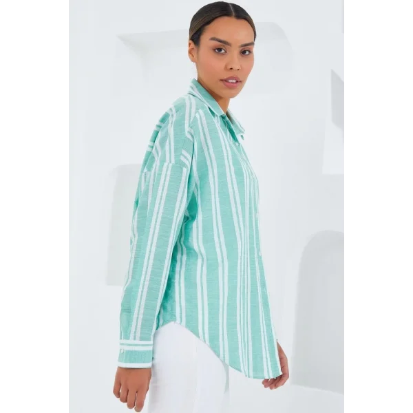 Mint Yeşili Beyaz Çizgili Oversize Keten Gömlek 20251