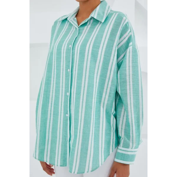 Mint Yeşili Beyaz Çizgili Oversize Keten Gömlek 20251