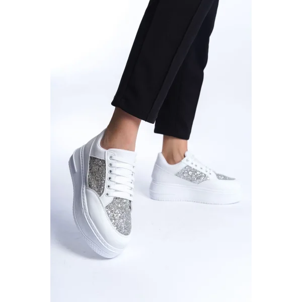 MIPA Bağcıklı Ortopedik Taban Simli Kadın Sneaker Spor Ayakkabı  CBT - Beyaz
