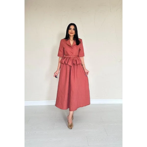 Moccah İnce Kemerli Fırfırlı Ceket Ve Büzgülü Etek Takım