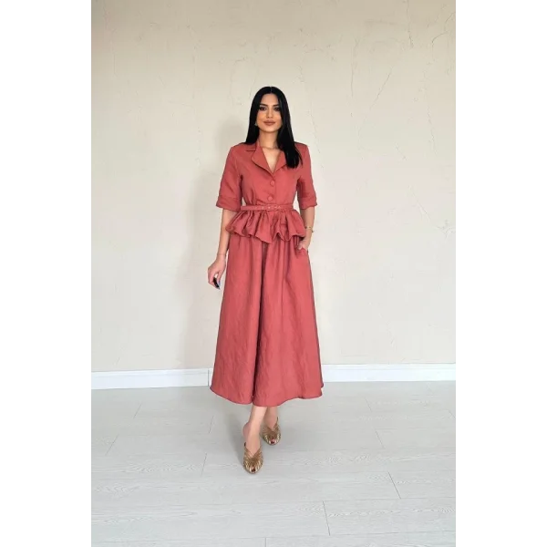 Moccah İnce Kemerli Fırfırlı Ceket Ve Büzgülü Etek Takım