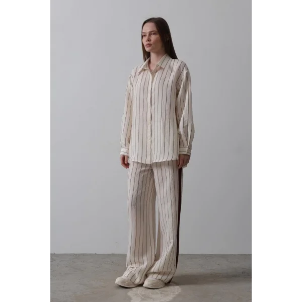 Model Gömlek Yandan Şerit Detaylı Pantolon - Ekru-Bordo