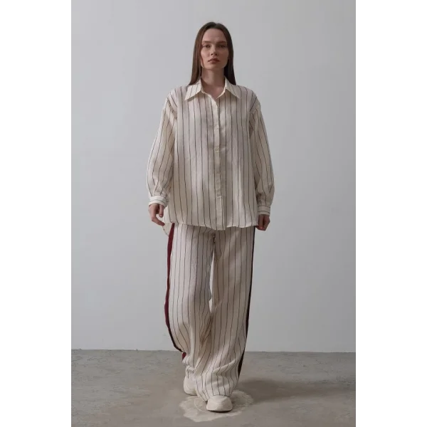 Model Gömlek Yandan Şerit Detaylı Pantolon - Ekru-Bordo