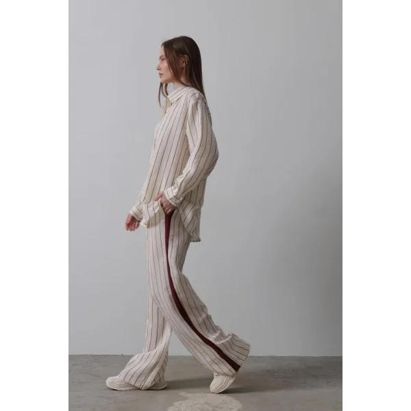 Model Gömlek Yandan Şerit Detaylı Pantolon - Ekru-Bordo