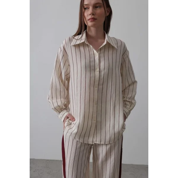 Model Gömlek Yandan Şerit Detaylı Pantolon - Ekru-Bordo
