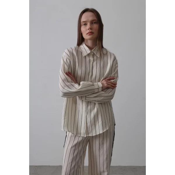 Model Gömlek Yandan Şerit Detaylı Pantolon - Ekru-Siyah