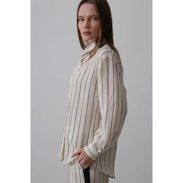 Model Gömlek Yandan Şerit Detaylı Pantolon - Ekru-Siyah