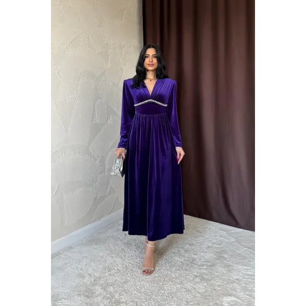 Mor Göğüs Altı Taşlı Elbise