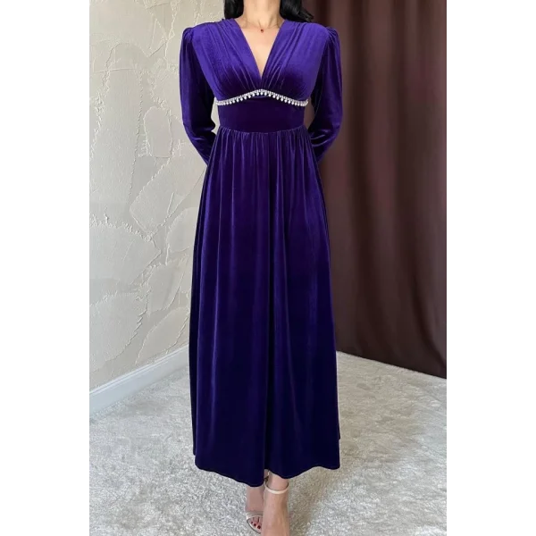Mor Göğüs Altı Taşlı Elbise
