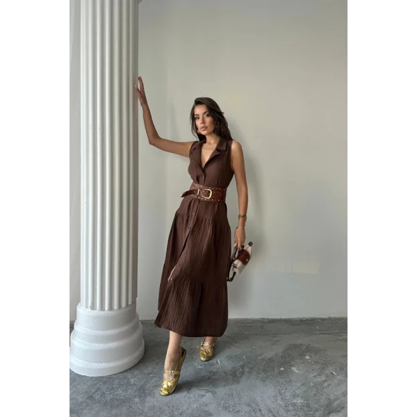 MÜSLİN ELBİSE GÖMLEK YAKA KOLSUZ ÖNDEN DÜĞMELİ - Kahverengi