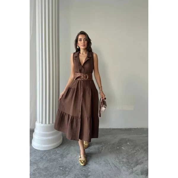 MÜSLİN ELBİSE GÖMLEK YAKA KOLSUZ ÖNDEN DÜĞMELİ - Kahverengi