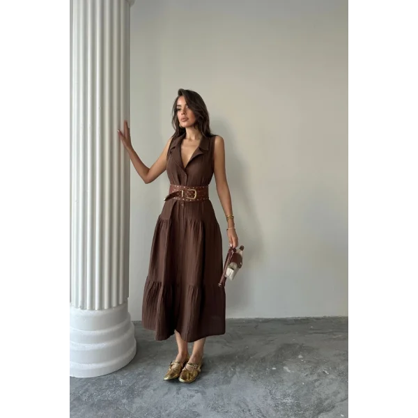 MÜSLİN ELBİSE GÖMLEK YAKA KOLSUZ ÖNDEN DÜĞMELİ - Kahverengi