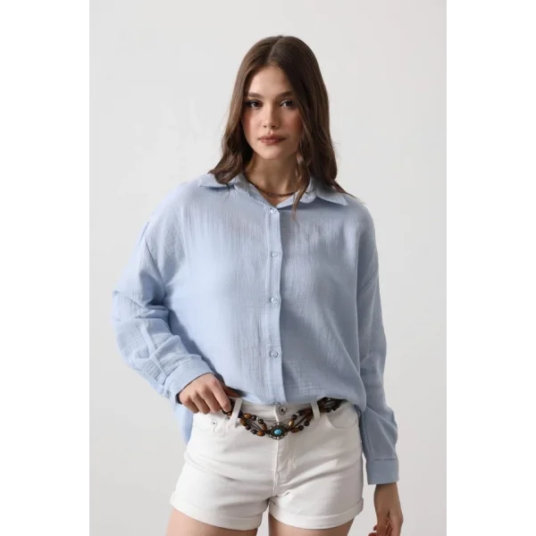 Müslin Uzun Kol Gömlek - Bebe Mavisi