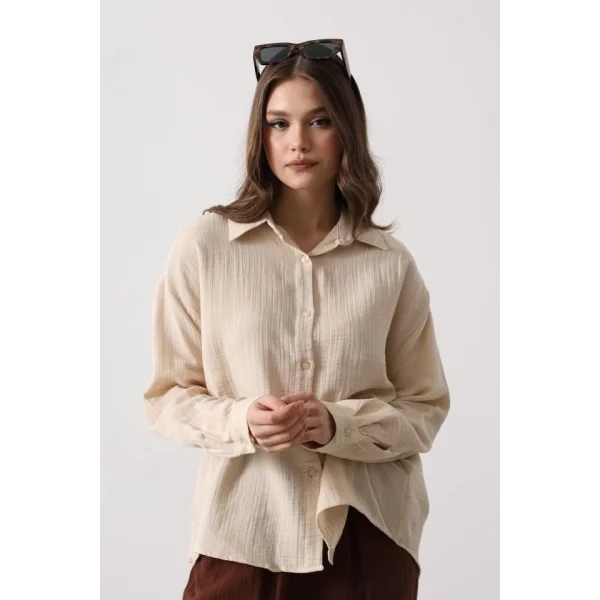 Müslin Uzun Kol Gömlek - Bej