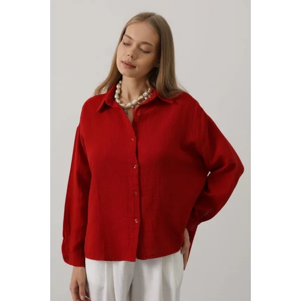 Müslin Uzun Kol Gömlek - Kırmızı