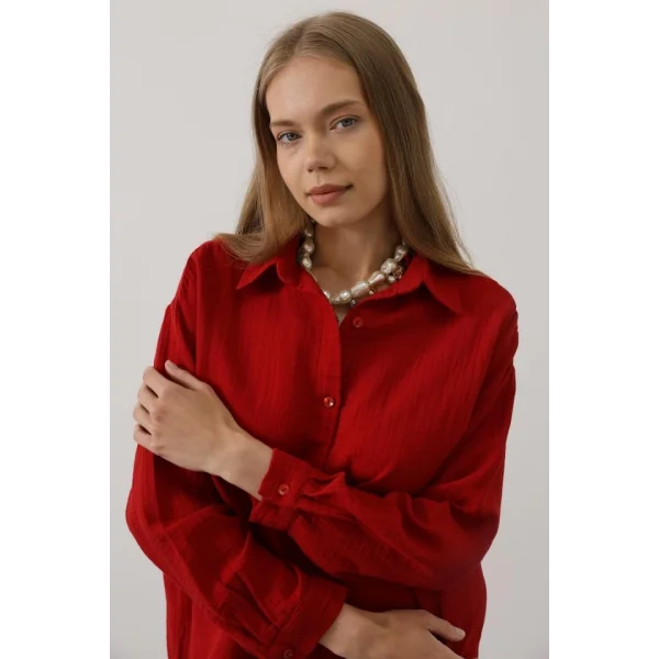 Müslin Uzun Kol Gömlek - Kırmızı
