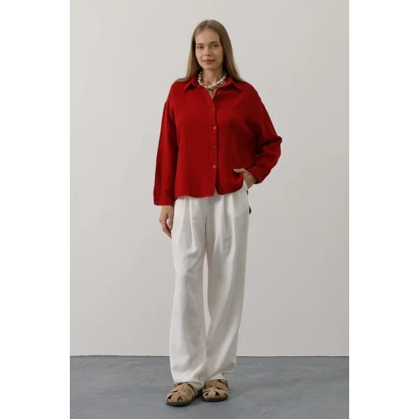 Müslin Uzun Kol Gömlek - Kırmızı