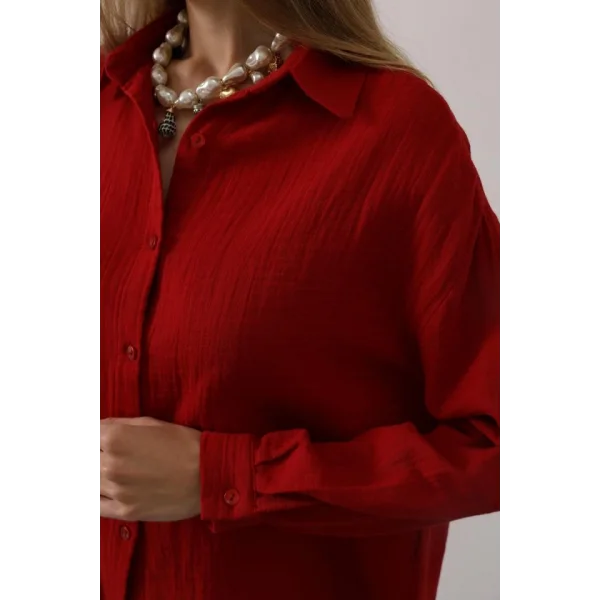 Müslin Uzun Kol Gömlek - Kırmızı