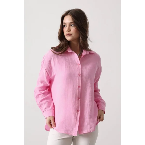 Müslin Uzun Kol Gömlek - Şeker Pembe