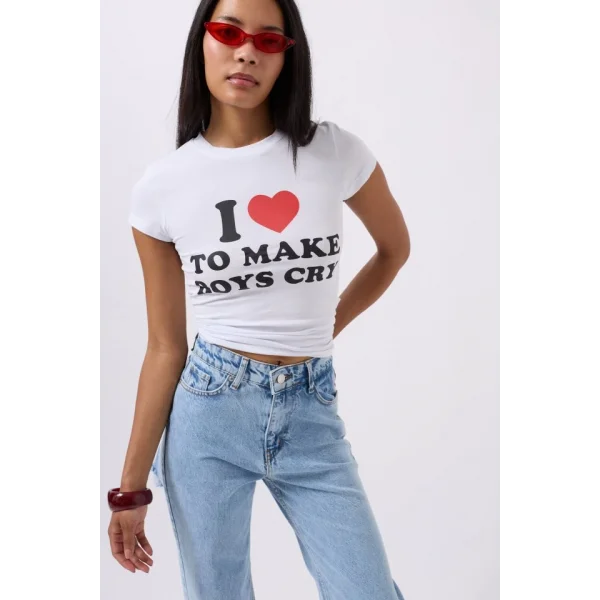 Nakış Detay Baskılı Crop T-Shirt