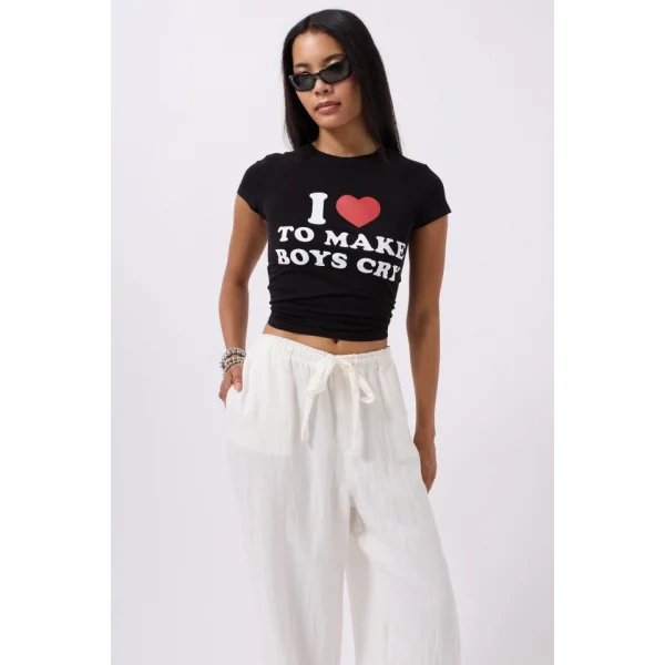 Nakış Detay Baskılı Crop T-Shirt