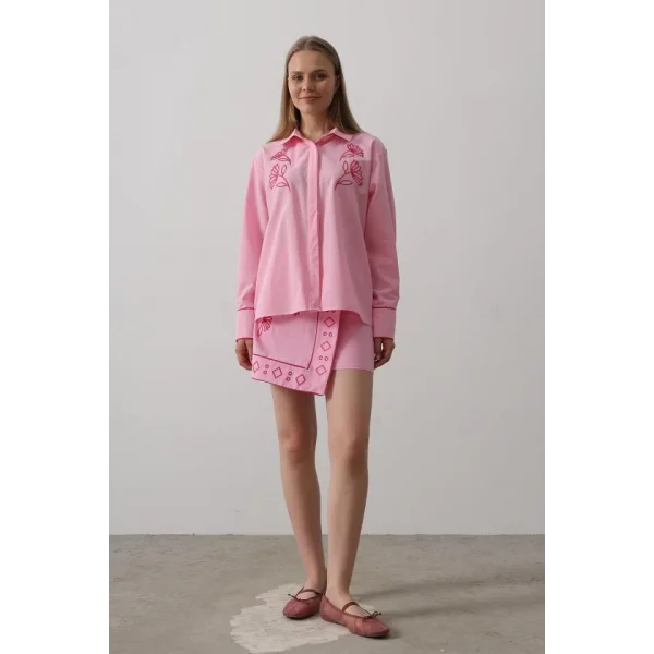 Nakış Detaylı Etekli Takım - Pembe