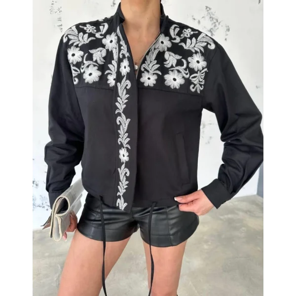 NAKIŞLI CROP CEKET BİYE DETAYLI - Siyah