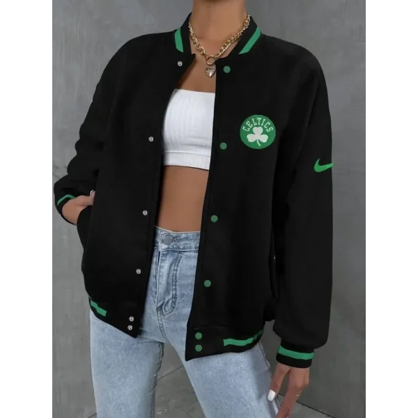 Nakışlı Dijital Sırt Baskılı Üç İplik Oversize Kolej Ceket - Siyah