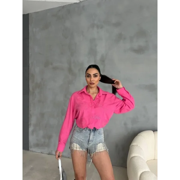 NAKIŞLI HAM KETEN GÖMLEK - Pembe