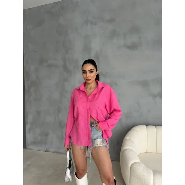 NAKIŞLI HAM KETEN GÖMLEK - Pembe