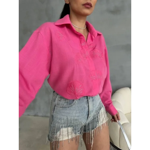 NAKIŞLI HAM KETEN GÖMLEK - Pembe