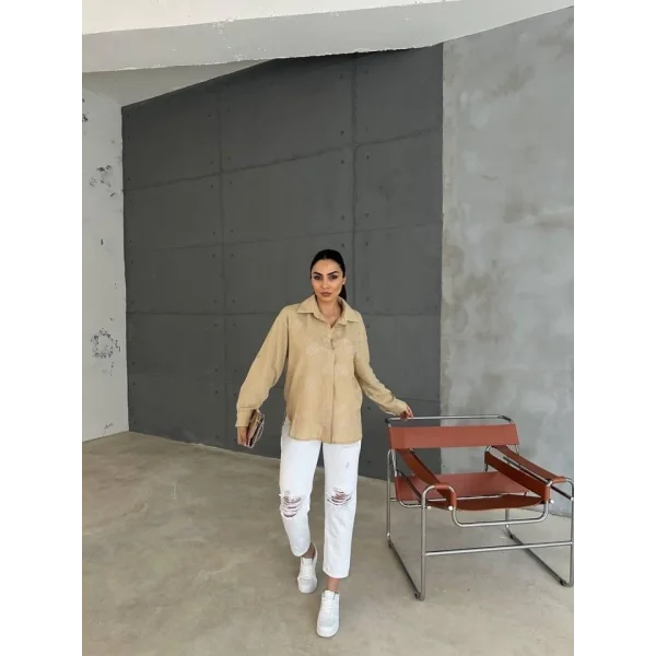 NAKIŞLI HAM KETEN GÖMLEK - Vizon