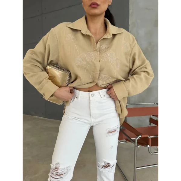 NAKIŞLI HAM KETEN GÖMLEK - Vizon