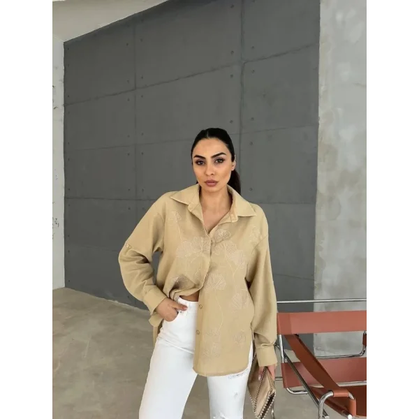 NAKIŞLI HAM KETEN GÖMLEK - Vizon