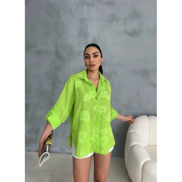 NAKIŞLI HAM KETEN GÖMLEK - Yeşil