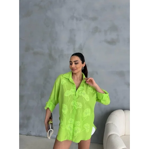 NAKIŞLI HAM KETEN GÖMLEK - Yeşil