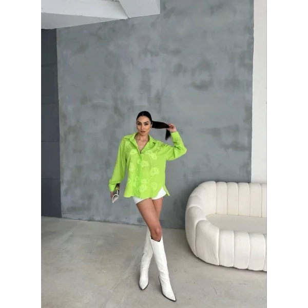 NAKIŞLI HAM KETEN GÖMLEK - Yeşil