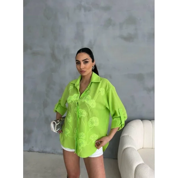 NAKIŞLI HAM KETEN GÖMLEK - Yeşil