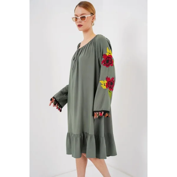 Nakışlı Midi Elbise 2531 - Haki