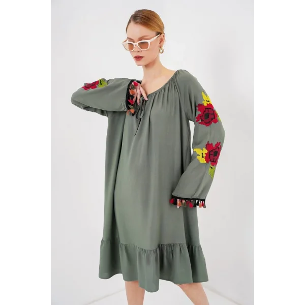 Nakışlı Midi Elbise 2531 - Haki