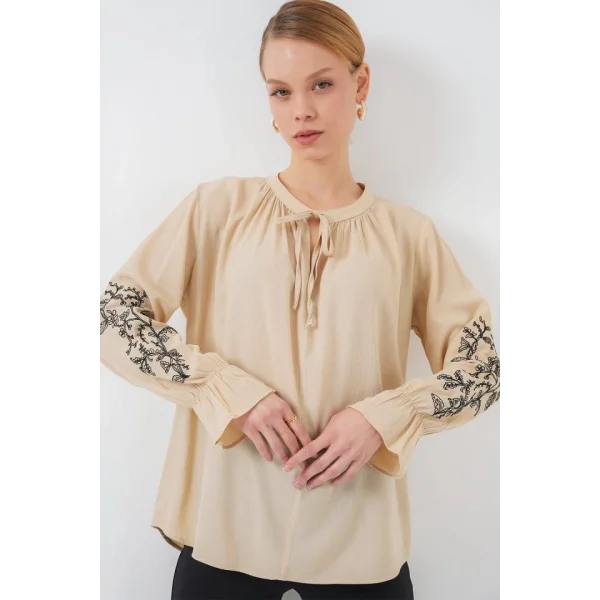 Nakışlı Örme Bluz 941 - Bej