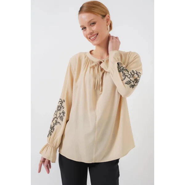 Nakışlı Örme Bluz 941 - Bej