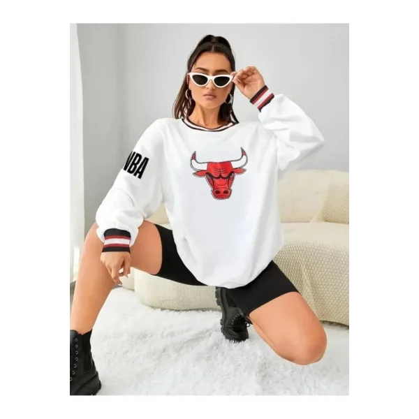 Nakışlı Oversize Sweatshirt - Beyaz